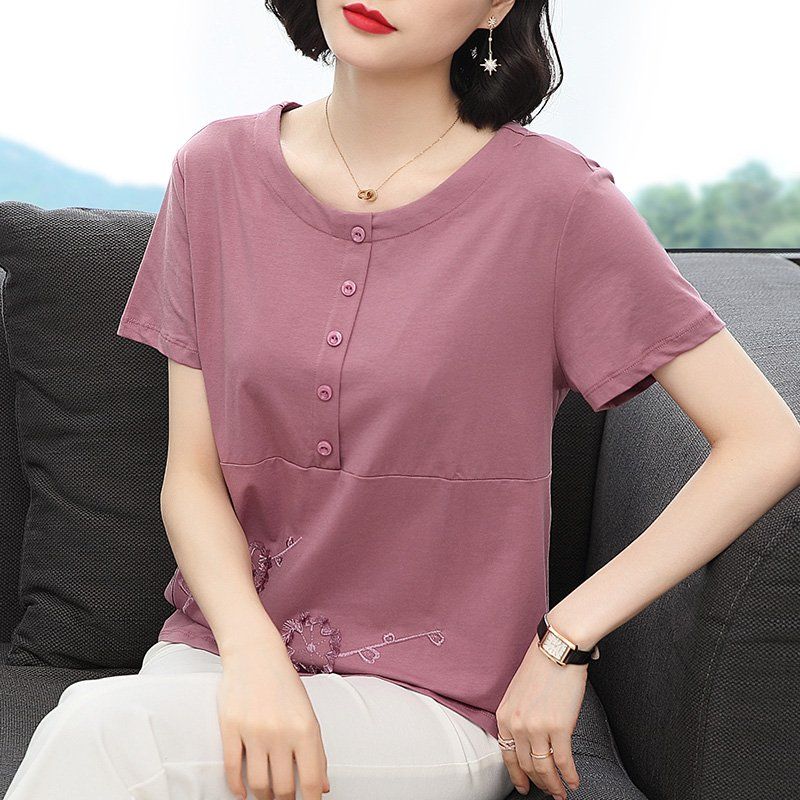 봄 여름 여성 루즈핏 빅사이즈 플라워 자수 반팔 티셔츠 데일리룩 헨리넥 라운드넥 면 상의 - 상세 이미지 4