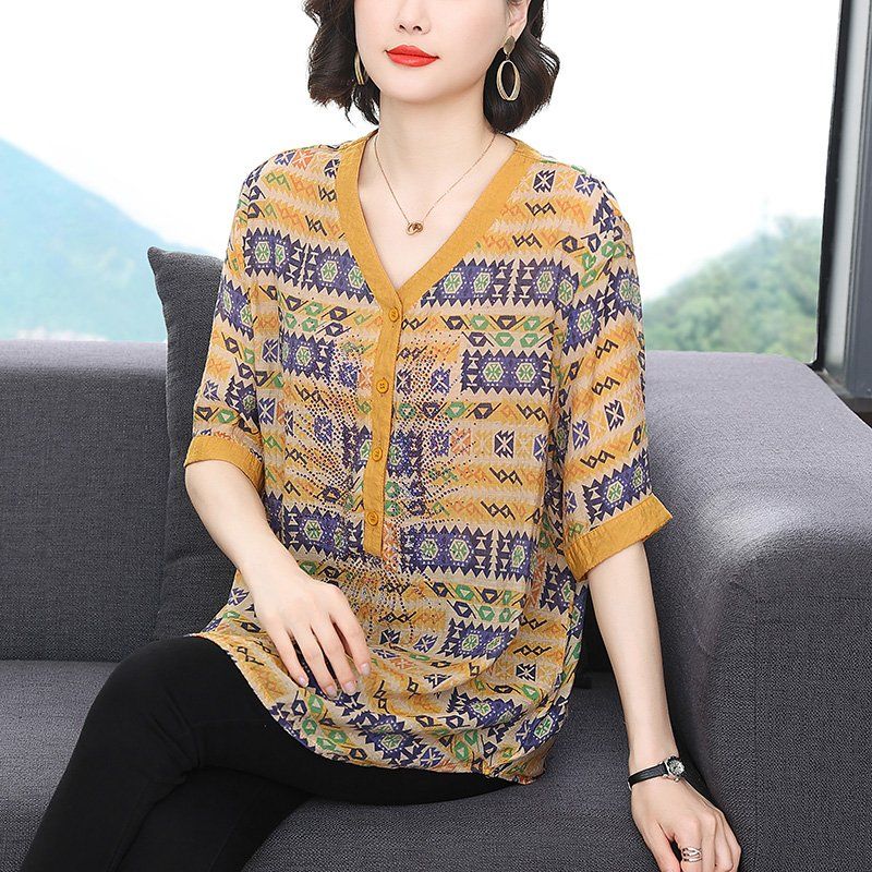봄 여름 여성 루즈핏 빅사이즈 에스닉 패턴 반팔 블라우스 브이넥 데일리룩 핫픽스 헨리넥 상의 - 상세 이미지 3