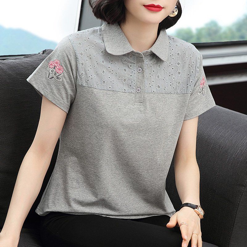 봄 여름 여성 루즈핏 빅사이즈 자수 카라 반팔 티셔츠 폴로 펀칭 배색 데일리룩 면 헨리넥 상의 - 상품 이미지