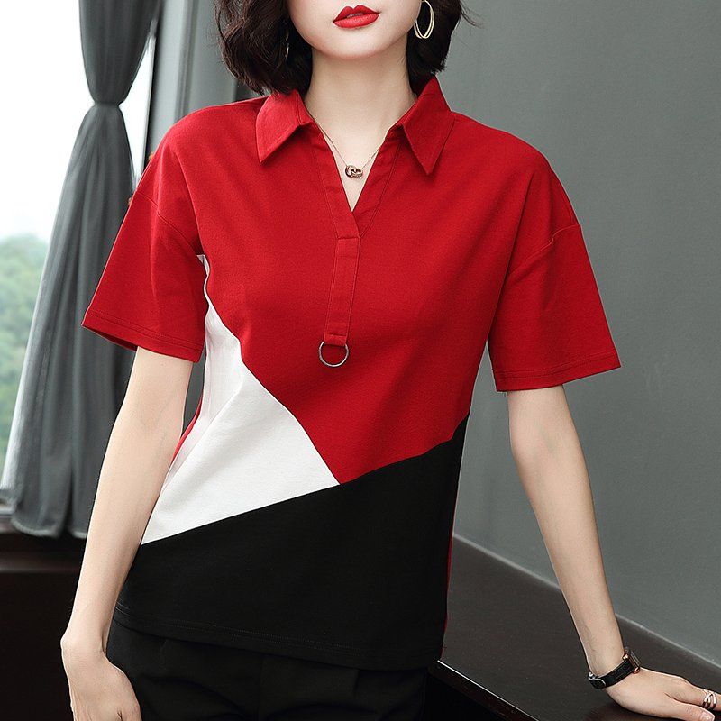 봄 여름 여성 루즈핏 빅사이즈 배색 카라 반팔 티셔츠 폴로 데일리룩 캐주얼 면 링 포인트 상의 - 상세 이미지 2
