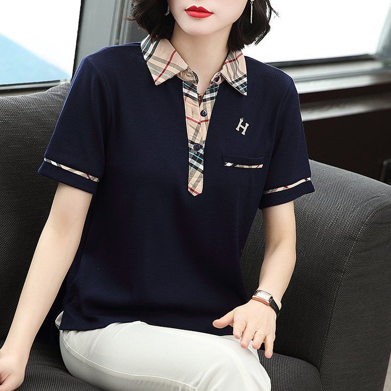 봄 여름 여성 루즈핏 빅사이즈 체크 배색 카라 반팔 티셔츠 폴로 데일리룩 면 로고 상의 - 상세 이미지 4