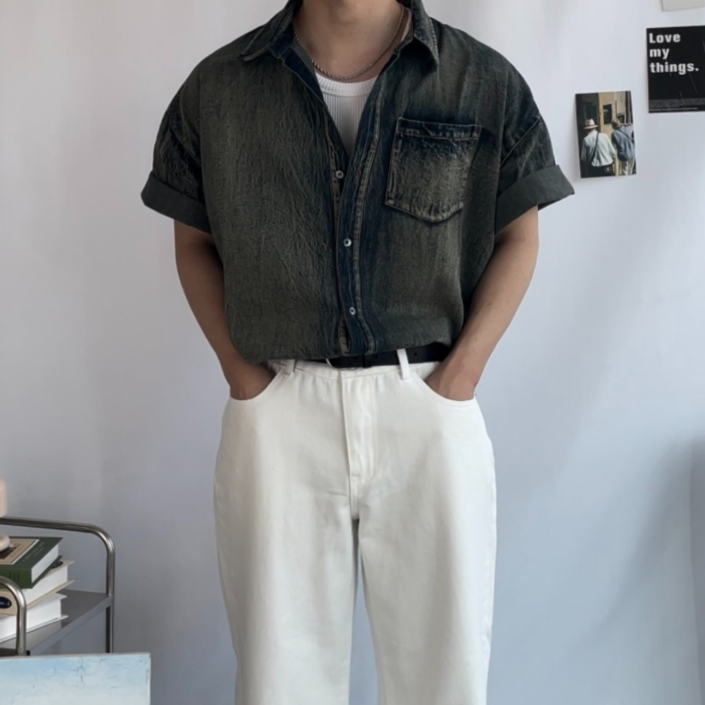 남자 빈티지 워싱 오버핏 데님 셔츠 청 이미지 7