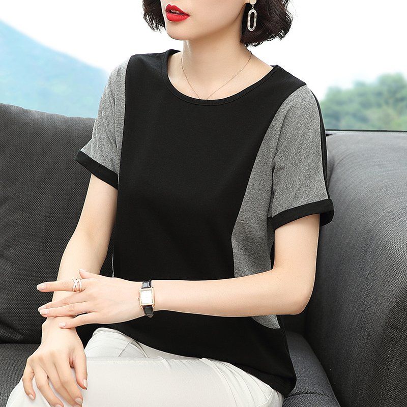 봄 여름 여성 루즈핏 빅사이즈 배색 반팔 티셔츠 데일리룩 캐주얼 라운드넥 면 드롭숄더 상의 - 상품 이미지