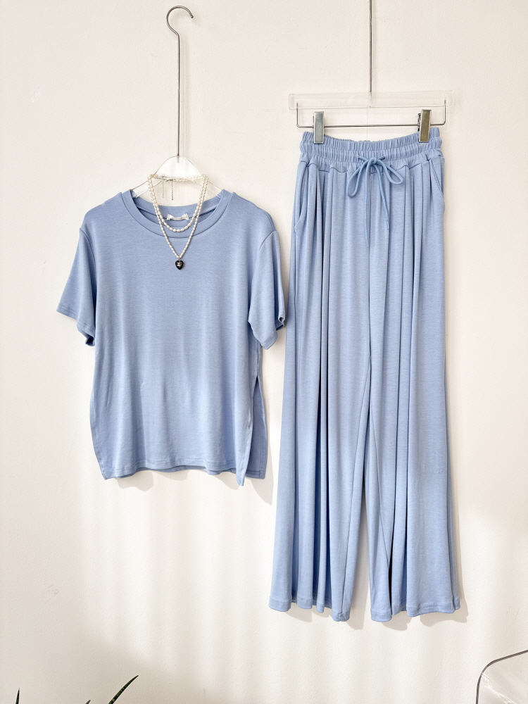 레이온 옆트임 반팔 티셔츠 와이드 팬츠 트레이닝세트