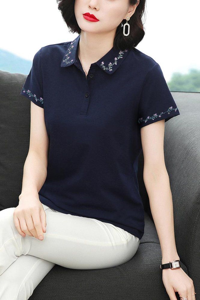 봄 여름 여성 루즈핏 빅사이즈 플라워 자수 반팔 티셔츠 폴로 데일리룩 카라 면 버튼 포인트 상의 - 상세 이미지 5