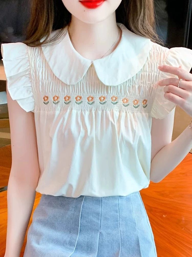 스위트 프릴 민소매 쉬폰 상의 루즈핏 블라우스 여름 블루 S 40~49kg - 상세 이미지 3