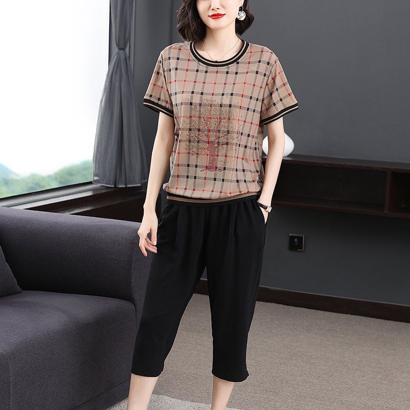 봄 여름 여성 루즈핏 빅사이즈 체크 배색 반팔 티셔츠 9부팬츠 트레이닝 세트 핫픽스 상하의