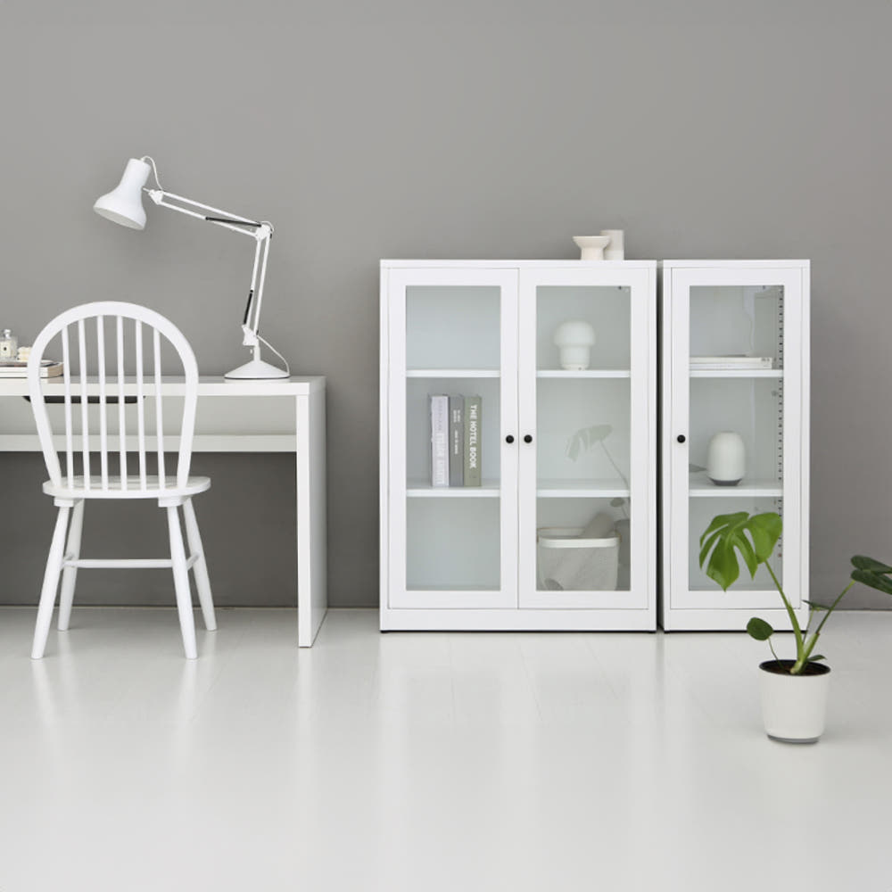 MKB 빈티지캐비넷 세로중 2문 수납장 유리형 800x350x1080mm, 2단, 화이트 9762.6340 - 상세 이미지 3