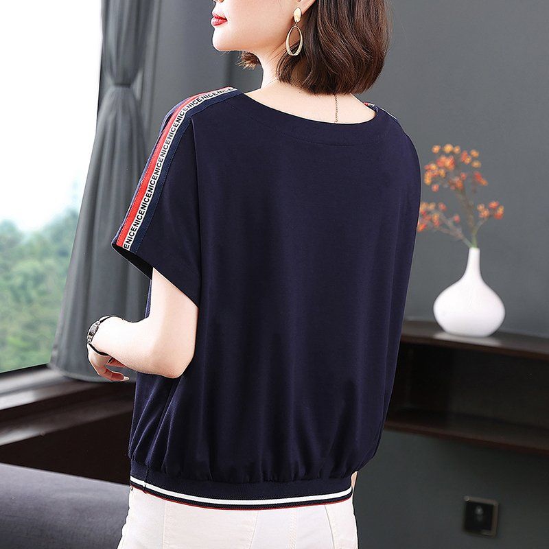 봄 여름 여성 루즈핏 빅사이즈 와펜 반팔 티셔츠 데일리룩 캐주얼 배색 라인 편안한 상의 - 상세 이미지 4