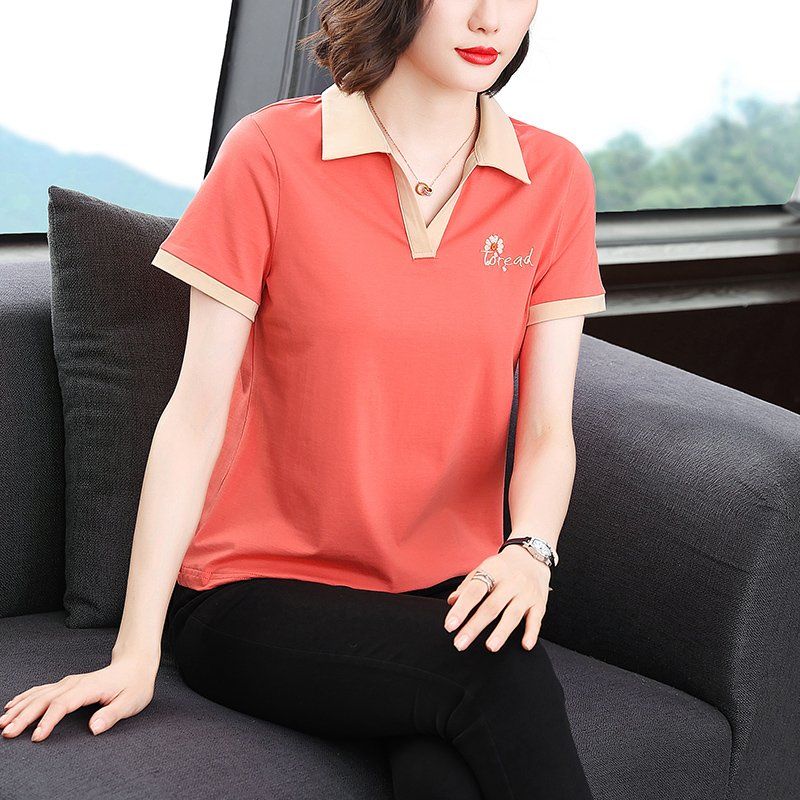 봄 여름 여성 슬림핏 빅사이즈 플라워 자수 반팔 티셔츠 폴로 카라 데일리룩 배색 면 레터링 상의 - 상품 이미지