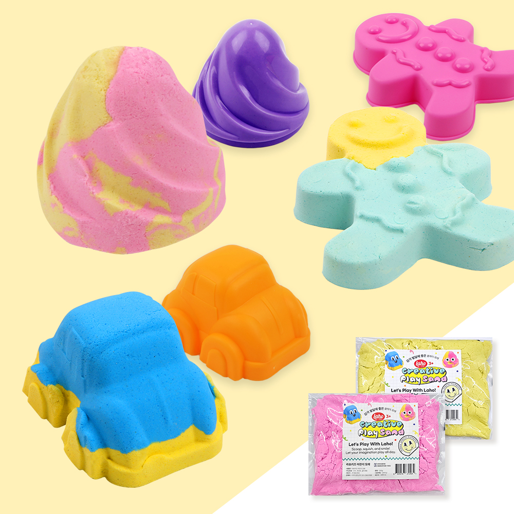 라호 굳지않는 유아 모래 키즈 클레이 2개 + 놀이도구 찍기틀 세트