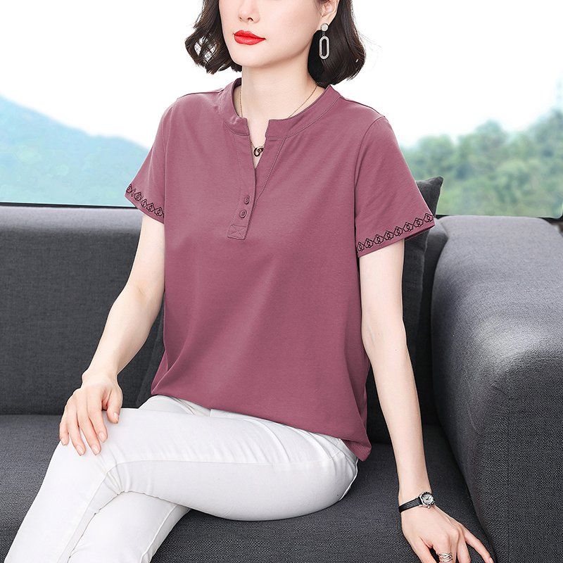 봄 여름 여성 루즈핏 빅사이즈 자수 브이넥 반팔 티셔츠 헨리넥 데일리룩 면 상의 - 상세 이미지 2