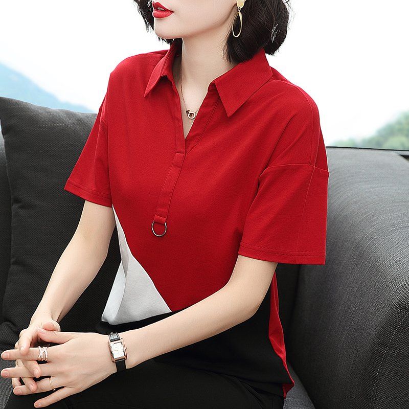 봄 여름 여성 루즈핏 빅사이즈 배색 카라 반팔 티셔츠 폴로 데일리룩 캐주얼 면 링 포인트 상의 - 상품 이미지