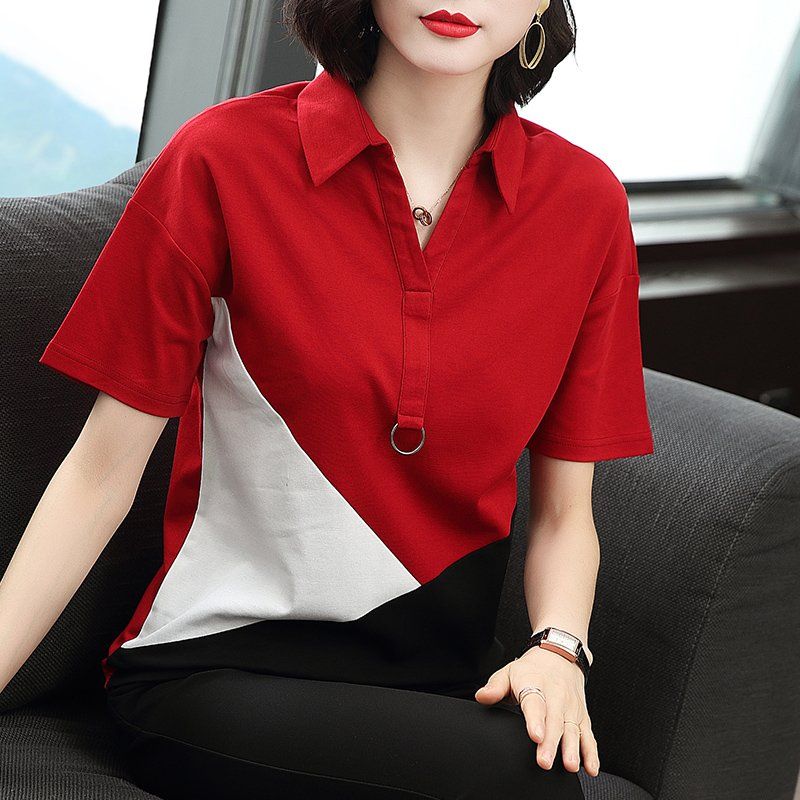 봄 여름 여성 루즈핏 빅사이즈 배색 카라 반팔 티셔츠 폴로 데일리룩 캐주얼 면 링 포인트 상의 - 상세 이미지 4