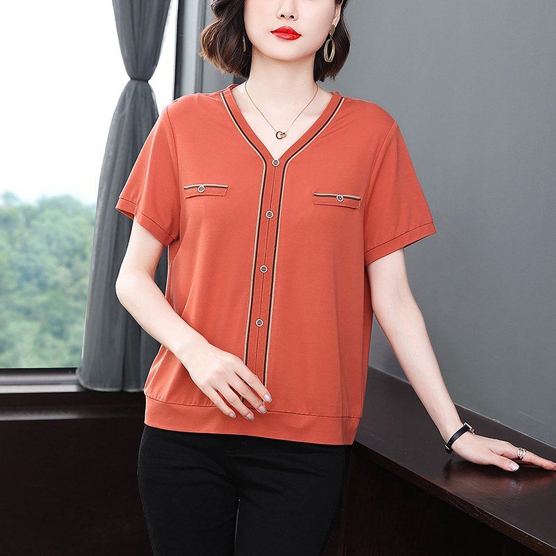 봄 여름 여성 루즈핏 빅사이즈 브이넥 반팔 티셔츠 데일리룩 캐주얼 헨리넥 배색 포켓 상의 - 상세 이미지 3