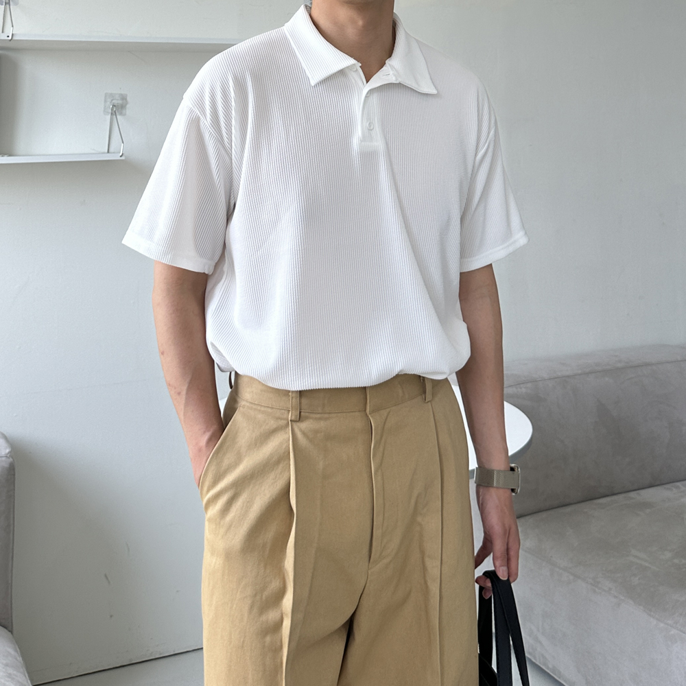남자 반팔티 오버핏 정장 구김없는 헨리넥 남자 반팔 카라티 - 상세 이미지 2