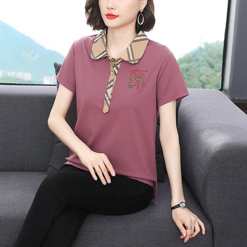 봄 여름 여성 루즈핏 빅사이즈 체크 배색 카라 반팔 티셔츠 폴로 데일리룩 레이온 핫픽스 상의 - 상품 이미지