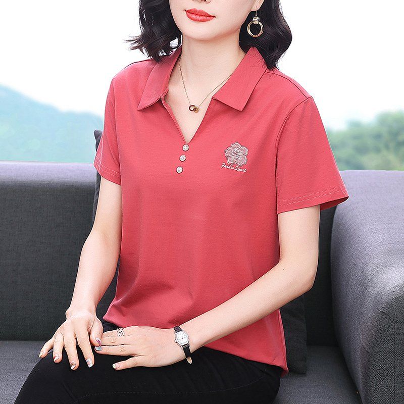 봄 여름 여성 루즈핏 빅사이즈 자수 카라 반팔 티셔츠 폴로 데일리룩 캐주얼 면 상의 - 메인 이미지