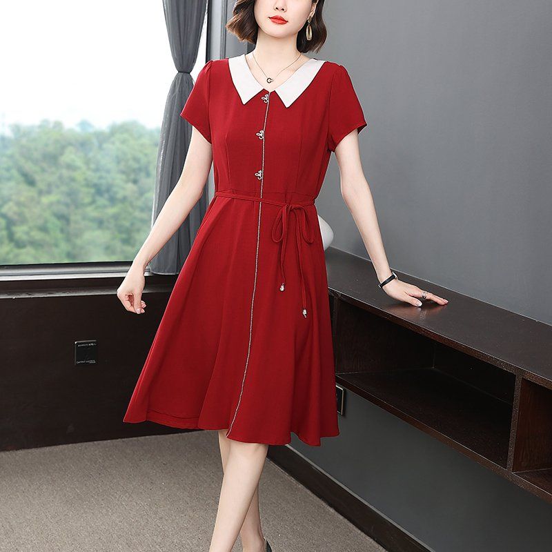 봄 여름 여성 루즈핏 빅사이즈 카라 반팔 원피스 플레어 롱원피스 데일리룩 배색 큐빅 허리끈 - 상세 이미지 2