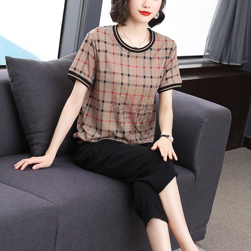 봄 여름 여성 루즈핏 빅사이즈 체크 배색 반팔 티셔츠 9부팬츠 트레이닝 세트 핫픽스 상하의 - 상세 이미지 3