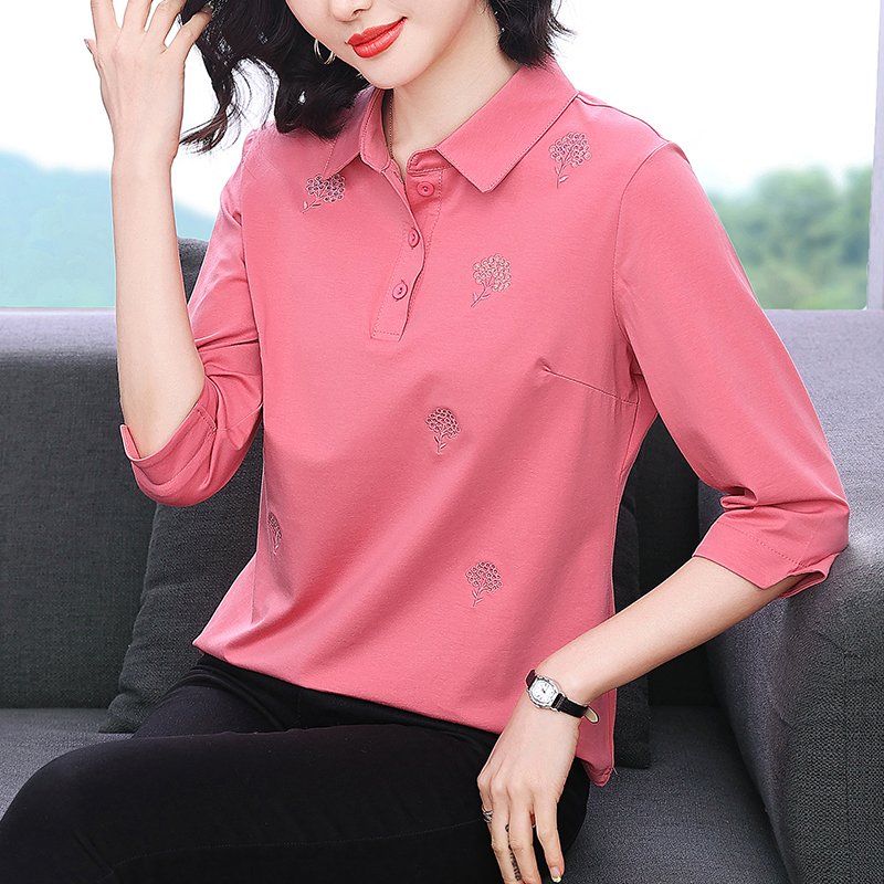 봄 여름 여성 루즈핏 빅사이즈 자수 카라 7부 소매 티셔츠 폴로 데일리룩 면 상의 - 상품 이미지