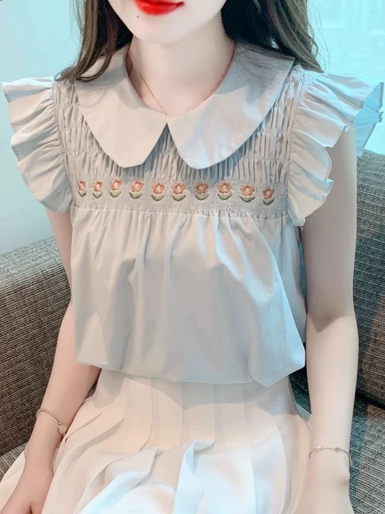 스위트 프릴 민소매 쉬폰 상의 루즈핏 블라우스 여름 블루 S 40~49kg - 상세 이미지 4
