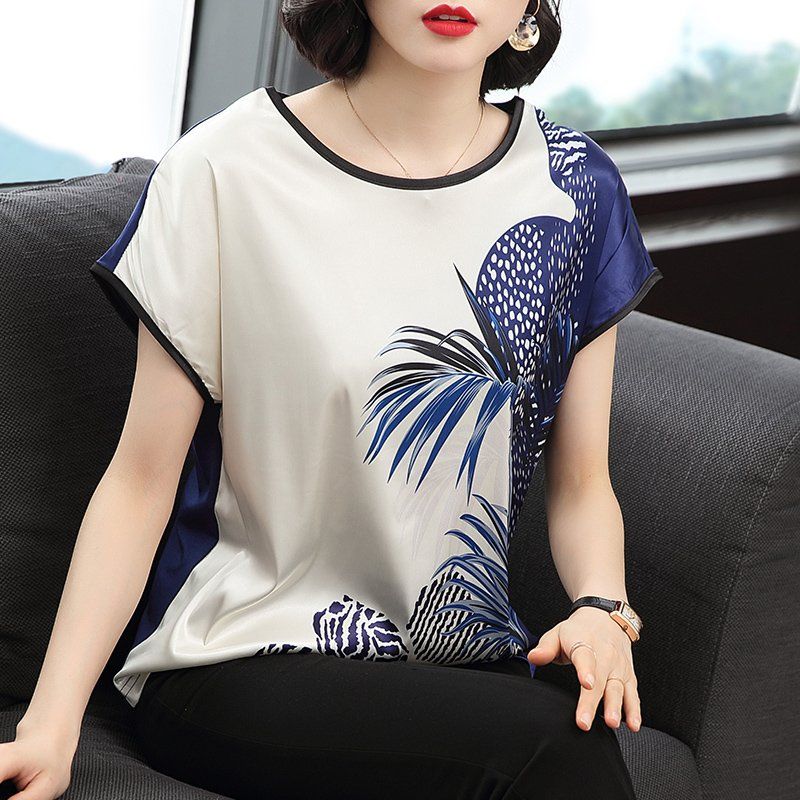 봄 여름 여성 루즈핏 빅사이즈 프린팅 반팔 티셔츠 데일리룩 라운드넥 폴리 면 혼방 배색 가오리핏 상의 - 상세 이미지 4