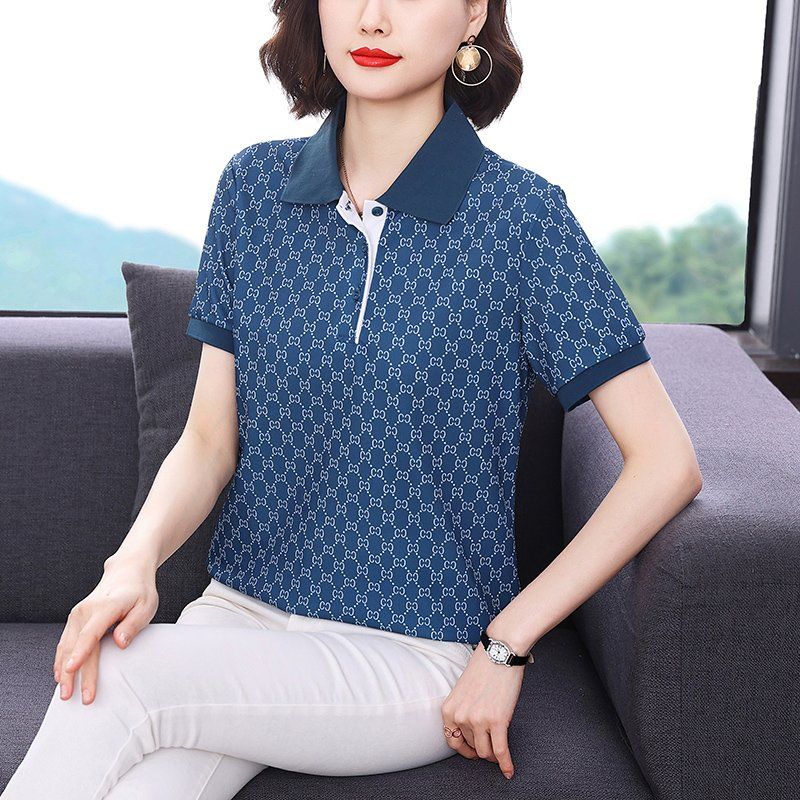 봄 여름 여성 루즈핏 빅사이즈 모노그램 패턴 반팔 티셔츠 폴로 데일리룩 카라 폴리 버튼 상의 - 상품 이미지