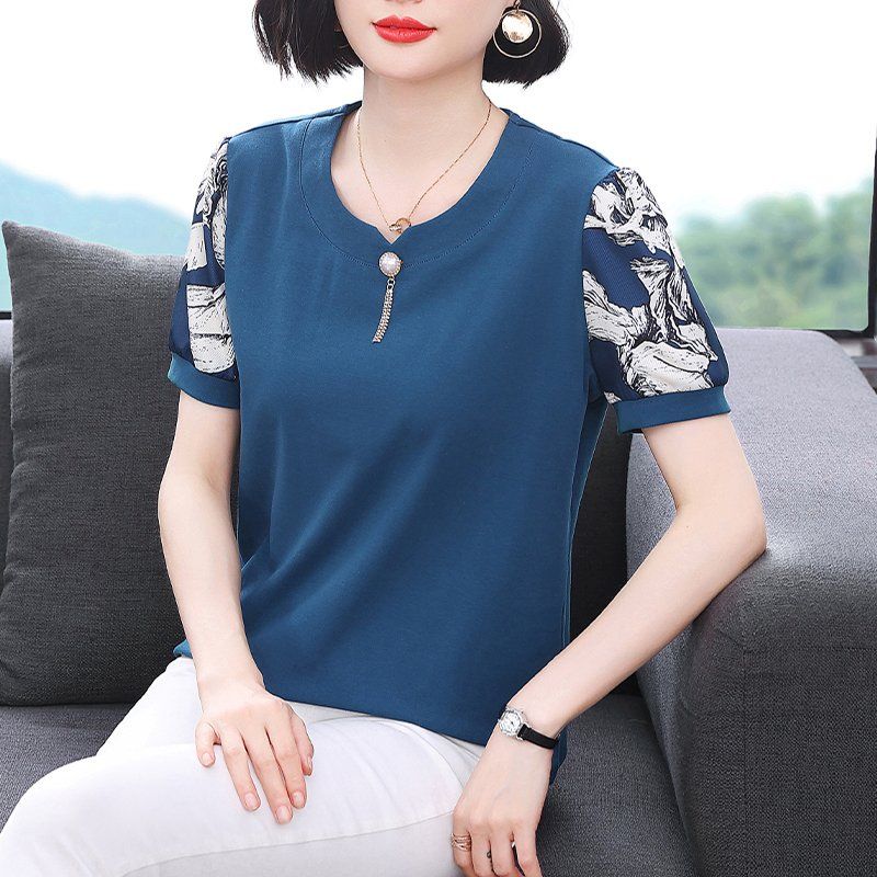 봄 여름 여성 루즈핏 빅사이즈 패턴 프린팅 반팔 티셔츠 데일리룩 라운드넥 면 혼방 배색 소매 상의 - 메인 이미지