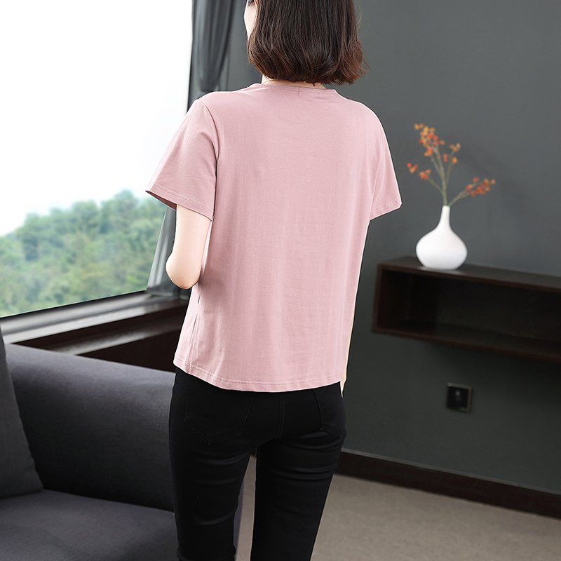봄 여름 여성 루즈핏 빅사이즈 나무 자수 반팔 티셔츠 데일리룩 라운드넥 면 혼방 레터링 상의 - 상세 이미지 4