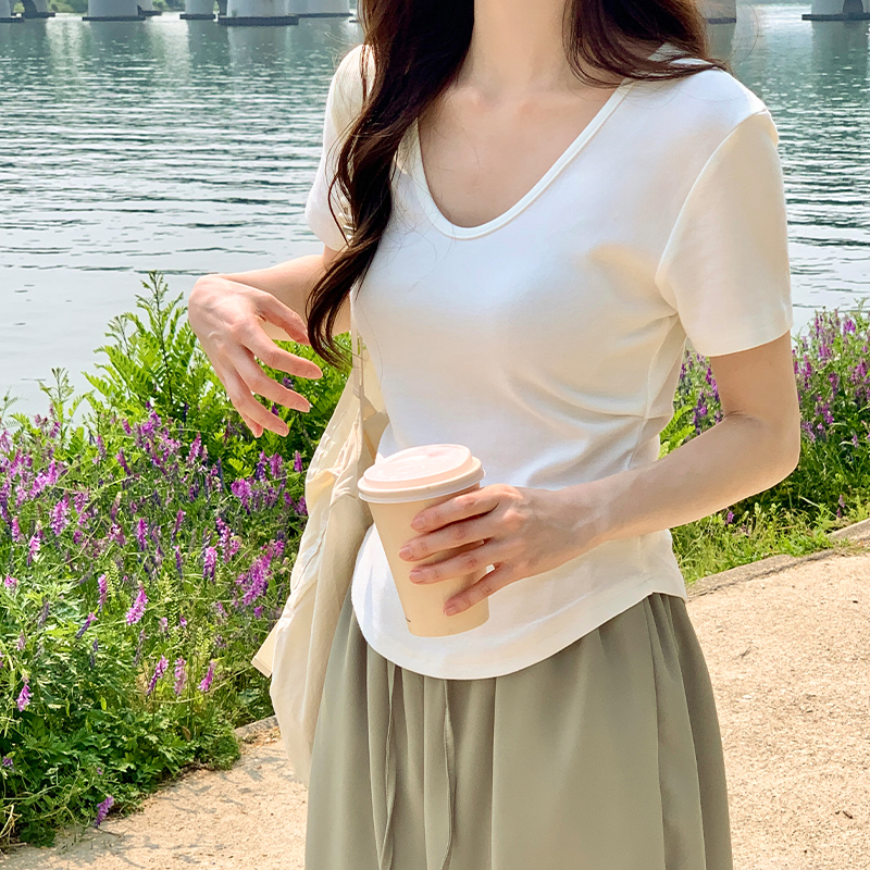 제인 슬림핏 사이드 셔링 U넥 반팔 티셔츠 ts4571 - 상세 이미지 3