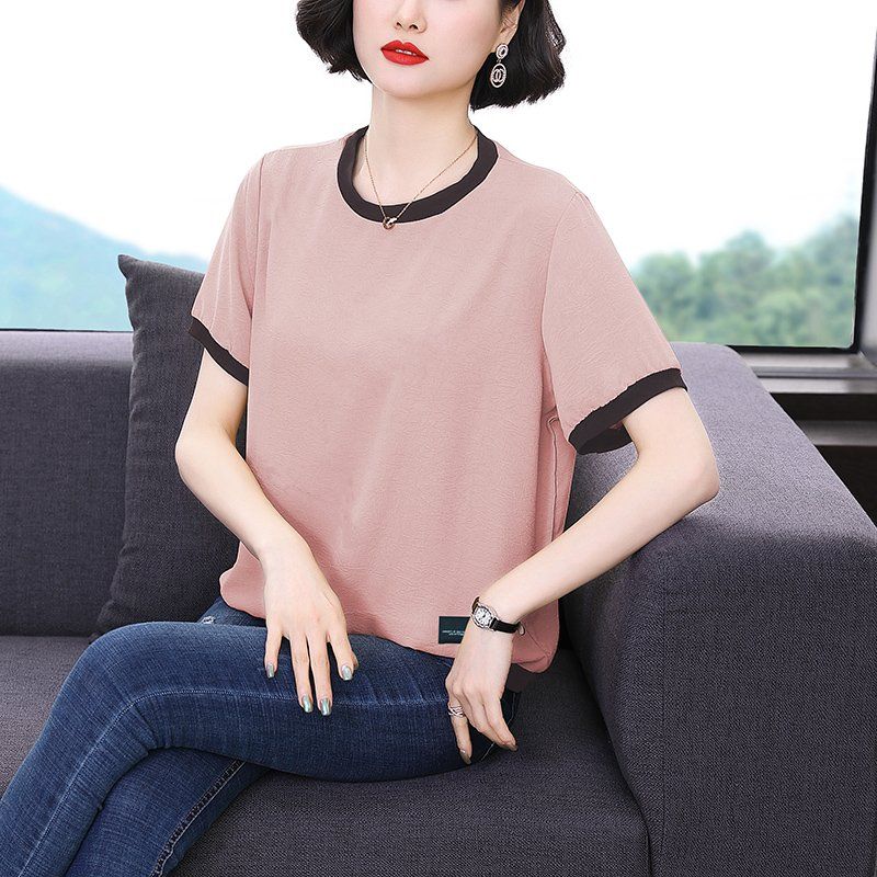 봄 여름 여성 루즈핏 빅사이즈 배색 반팔 티셔츠 데일리룩 라운드넥 면 혼방 시보리 링클 상의 - 메인 이미지