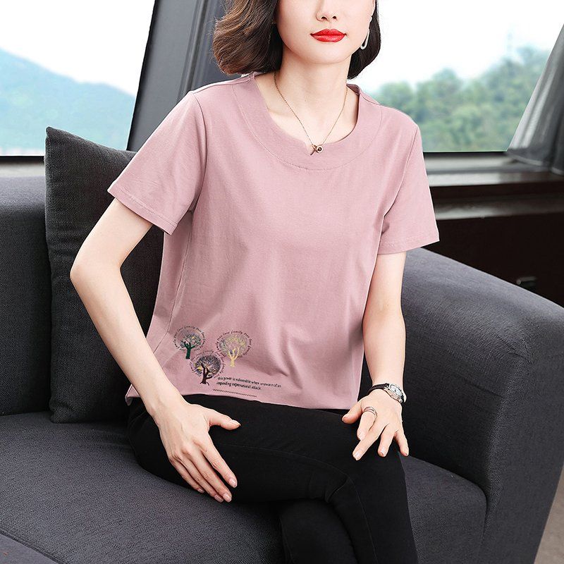 봄 여름 여성 루즈핏 빅사이즈 나무 자수 반팔 티셔츠 데일리룩 라운드넥 면 혼방 레터링 상의 - 상세 이미지 2