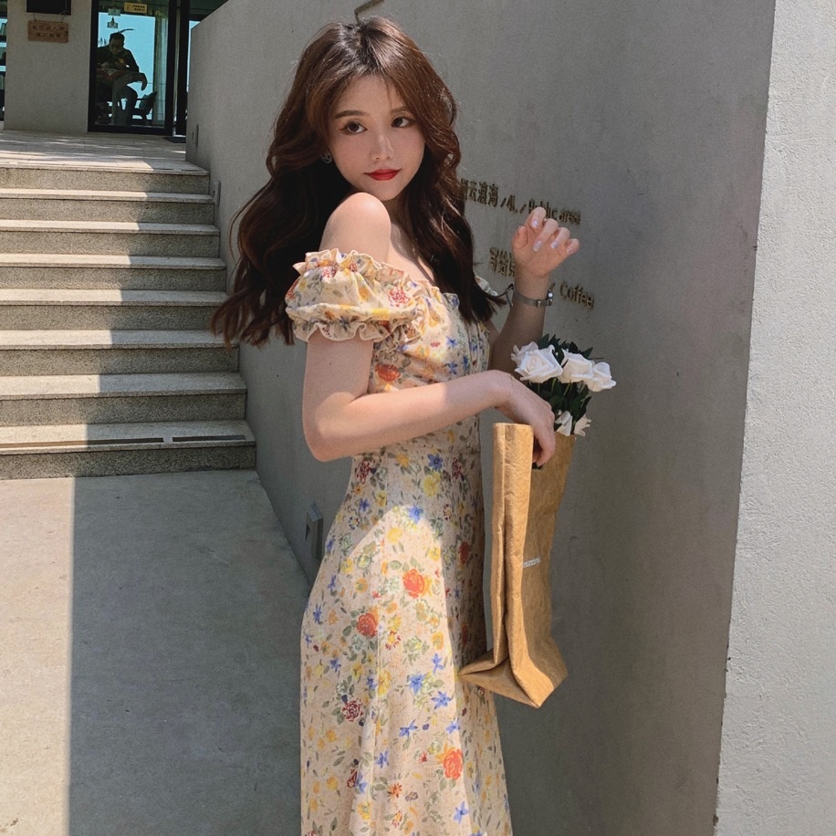여름 플라워 롱 원피스 퍼프소매 스퀘어넥 휴양지룩 데일리원피스 옐로우 플라워 S - 상세 이미지 3