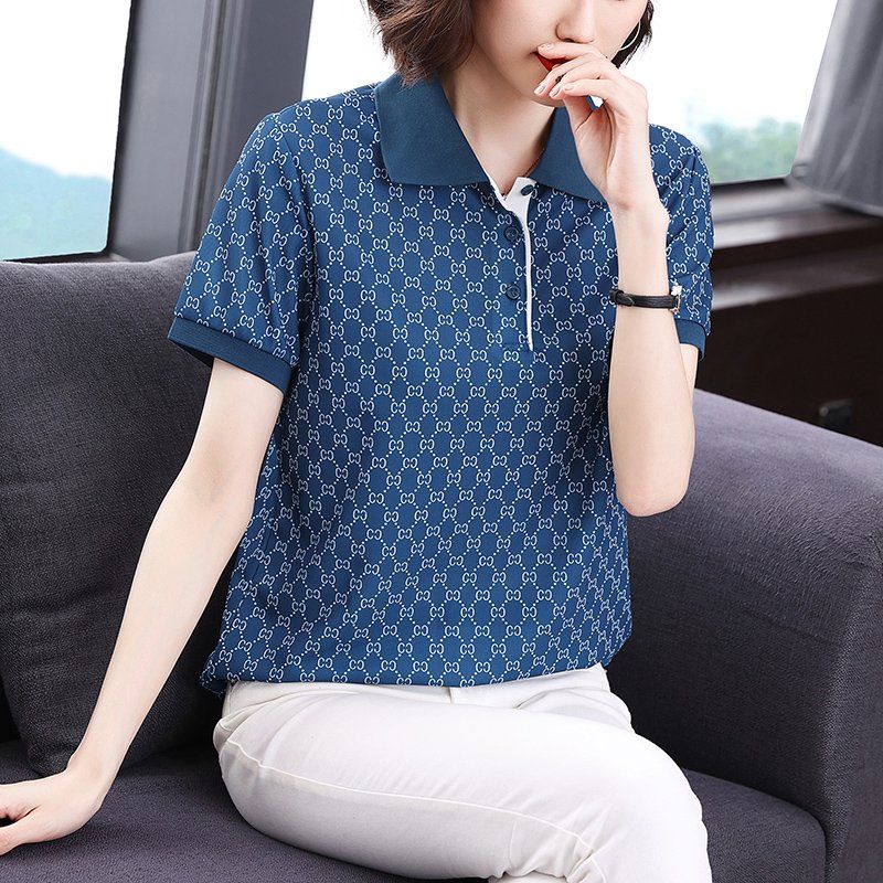 봄 여름 여성 루즈핏 빅사이즈 모노그램 패턴 반팔 티셔츠 폴로 데일리룩 카라 폴리 버튼 상의 - 상세 이미지 3
