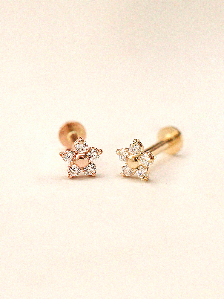 [0.8mm] 14K 인터널 미니미 큐빅 플라워 라블렛 피어싱 귀걸이 - 상세 이미지 2