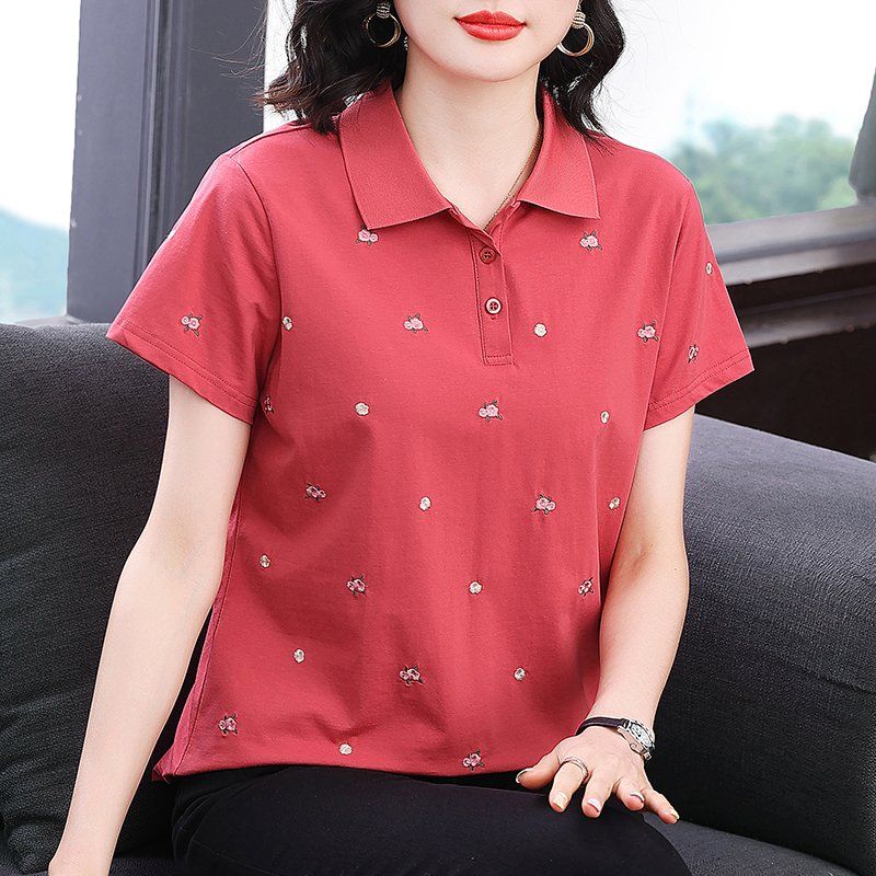 봄 여름 여성 루즈핏 빅사이즈 미니 자수 반팔 티셔츠 폴로 데일리룩 카라 면 플라워 포인트 상의 - 상품 이미지