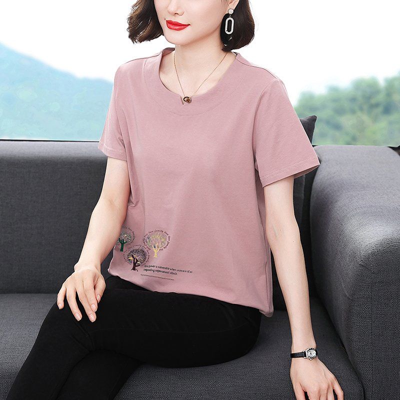 봄 여름 여성 루즈핏 빅사이즈 나무 자수 반팔 티셔츠 데일리룩 라운드넥 면 혼방 레터링 상의 - 메인 이미지
