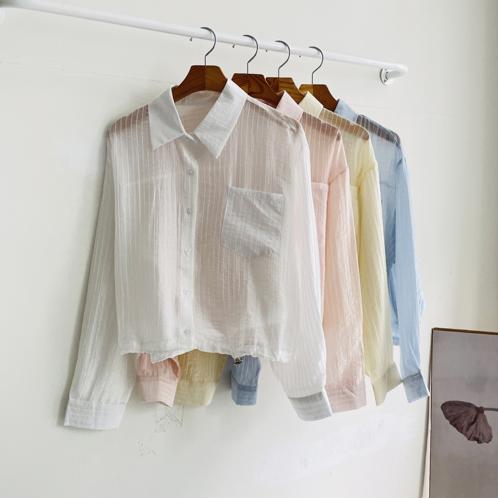 시스루남방 시원한남방 살안타템 스트링셔츠 스트라이프 크롭 여름 긴팔 셔츠