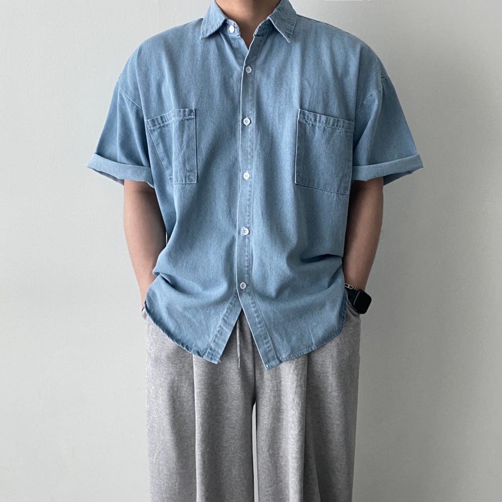 남자반팔청남방 오버핏 남자데님반팔셔츠 - 상세 이미지 2