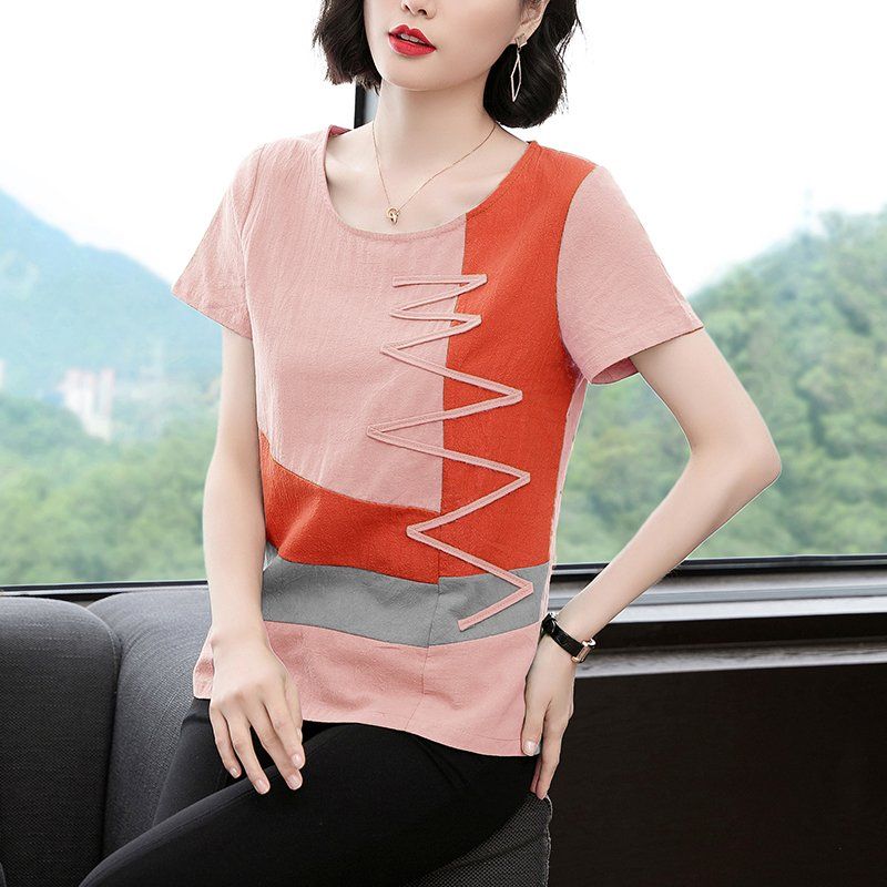 봄 여름 여성 루즈핏 빅사이즈 컬러 블록 반팔 티셔츠 데일리룩 라운드넥 면 사선 스트링 배색 상의 - 상세 이미지 2
