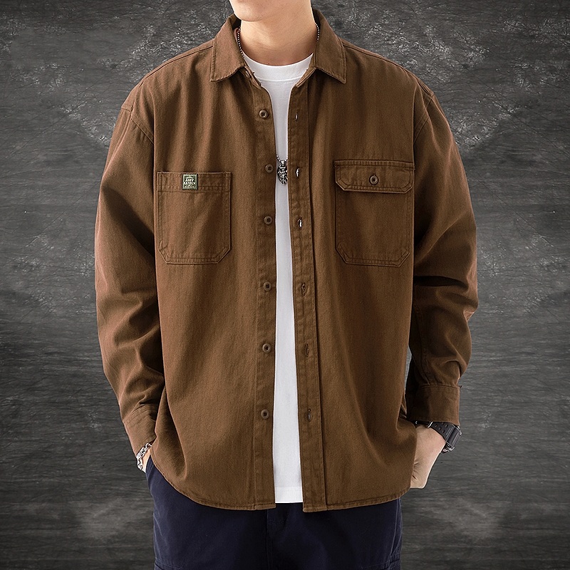 남성 봄 가을 캐주얼 순면 긴팔 셔츠 남성 재킷 회색 M (50-60KG) 이미지 6