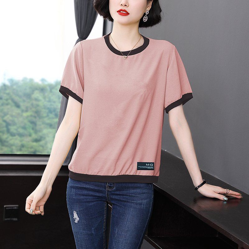 봄 여름 여성 루즈핏 빅사이즈 배색 반팔 티셔츠 데일리룩 라운드넥 면 혼방 시보리 링클 상의 - 상세 이미지 4
