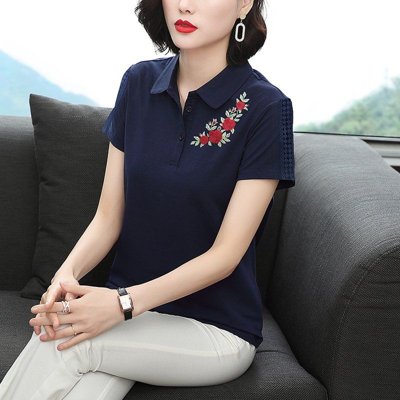 봄 여름 여성 루즈핏 빅사이즈 플라워 자수 반팔 티셔츠 폴로 데일리룩 카라 면 레이스 소매 상의 - 상세 이미지 4