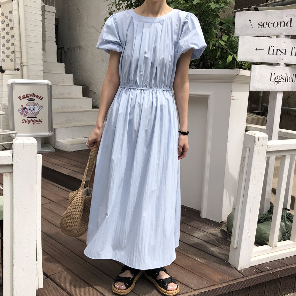 플레어 셔링 핀턱 플리츠원피스 벌룬 퍼프 소매 여성 여름 롱 원피스 반팔 A라인 소라 블랙 - 상품 이미지