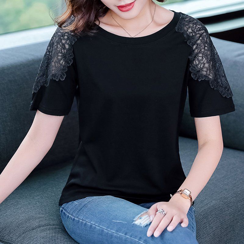 봄 여름 여성 루즈핏 빅사이즈 레이스 반팔 티셔츠 데일리룩 라운드넥 면 혼방 시스루 숄더 상의 - 상세 이미지 4