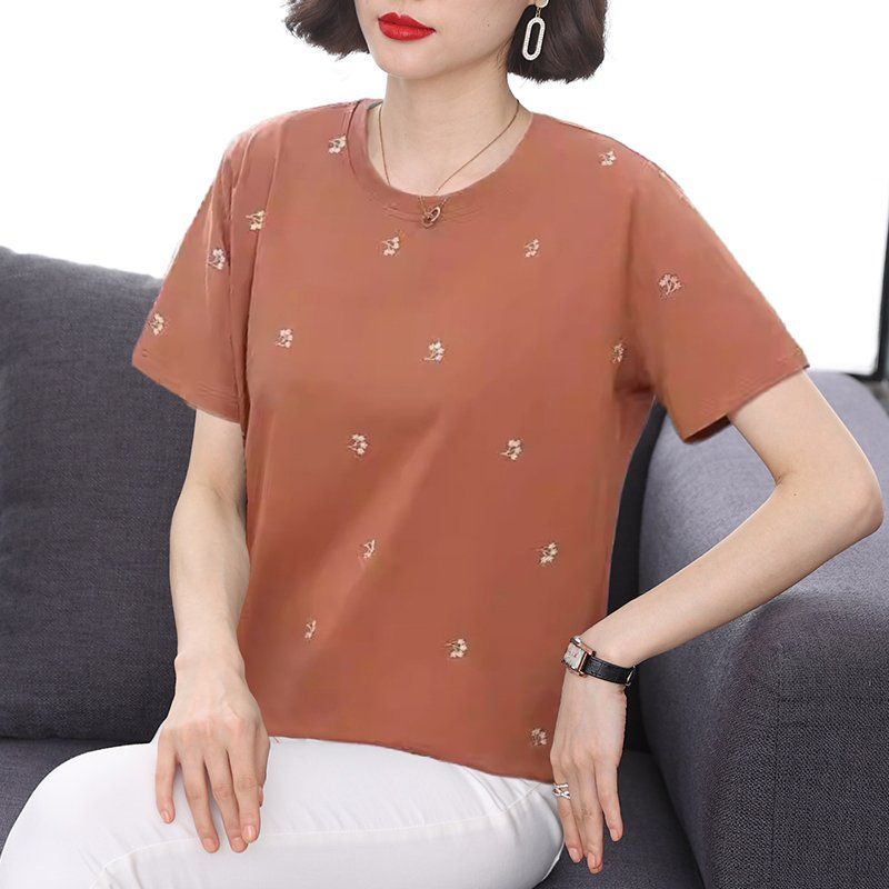 봄 여름 여성 루즈핏 빅사이즈 미니 자수 반팔 티셔츠 데일리룩 라운드넥 면 플라워 포인트 상의 - 상세 이미지 2