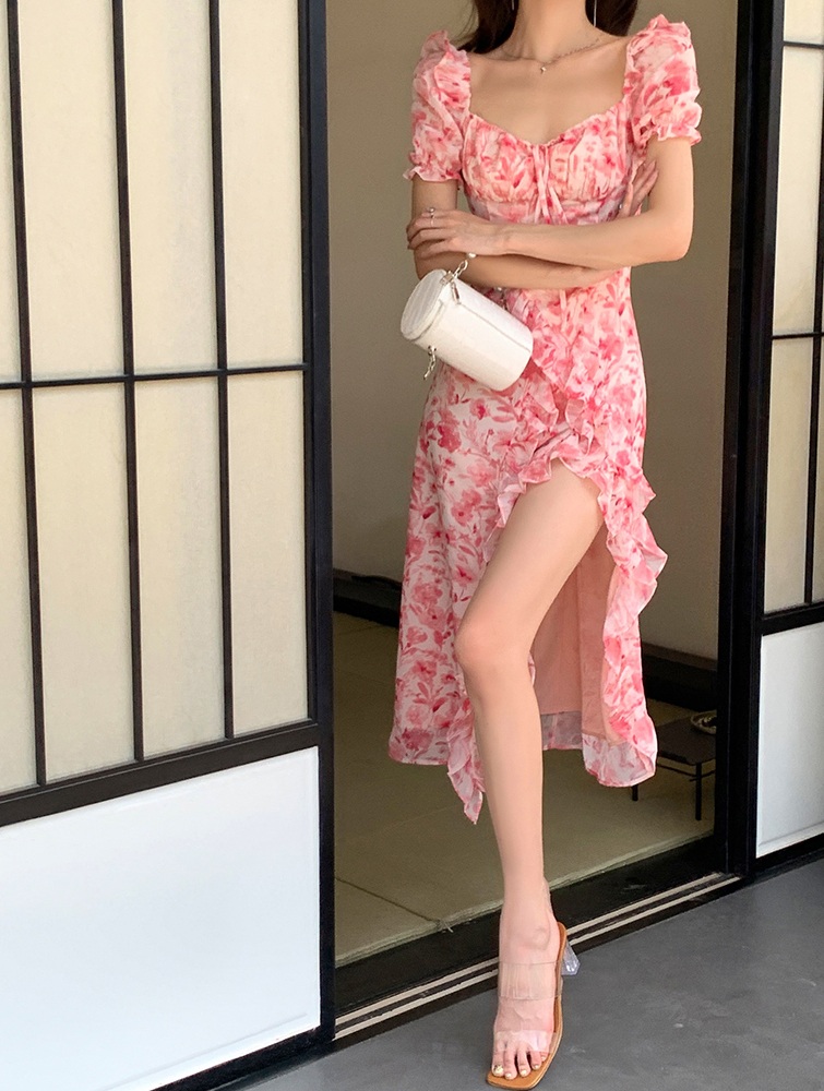 여름 플라워 시폰 원피스 프릴 슬릿 휴양지룩 비치룩 데이트룩 핑크 S - 상세 이미지 4