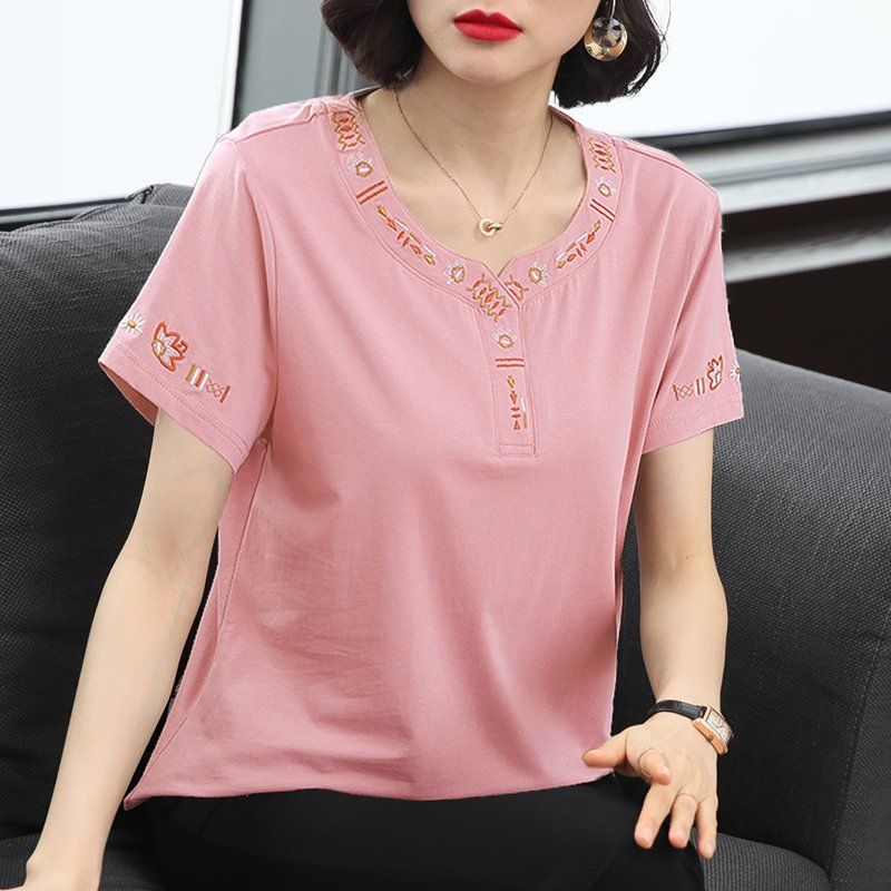 봄 여름 여성 루즈핏 빅사이즈 기하학 자수 반팔 티셔츠 데일리룩 헨리넥 브이넥 면 버튼 상의 - 상세 이미지 2