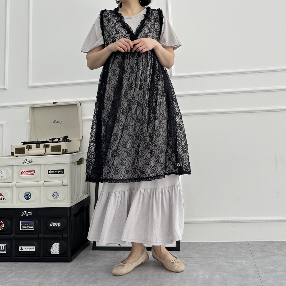 빅사이즈 여름 시원한 면 프릴 롱 원피스 소매 라운드넥 레이어드 맥시 원피스 원마일웨어